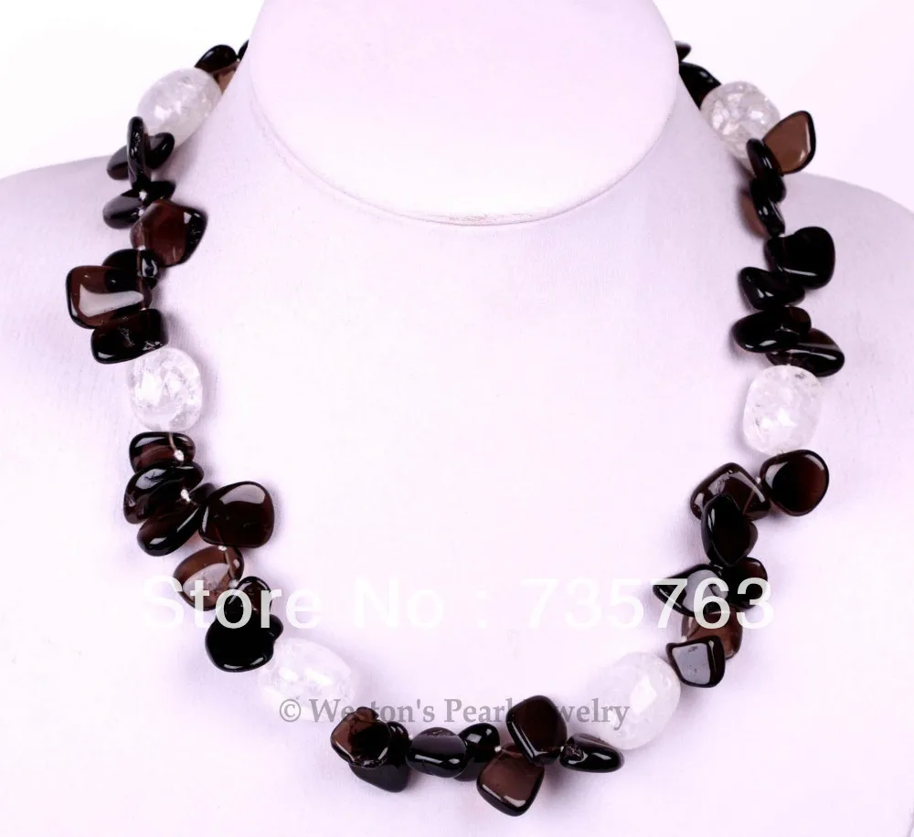 

xiuli 00317 BLACK HIGH LUSTER SMOKY QUARTZ BEAD BAROQUE SHAPE WHITE CRYSTAL CHOKER NECKLACE