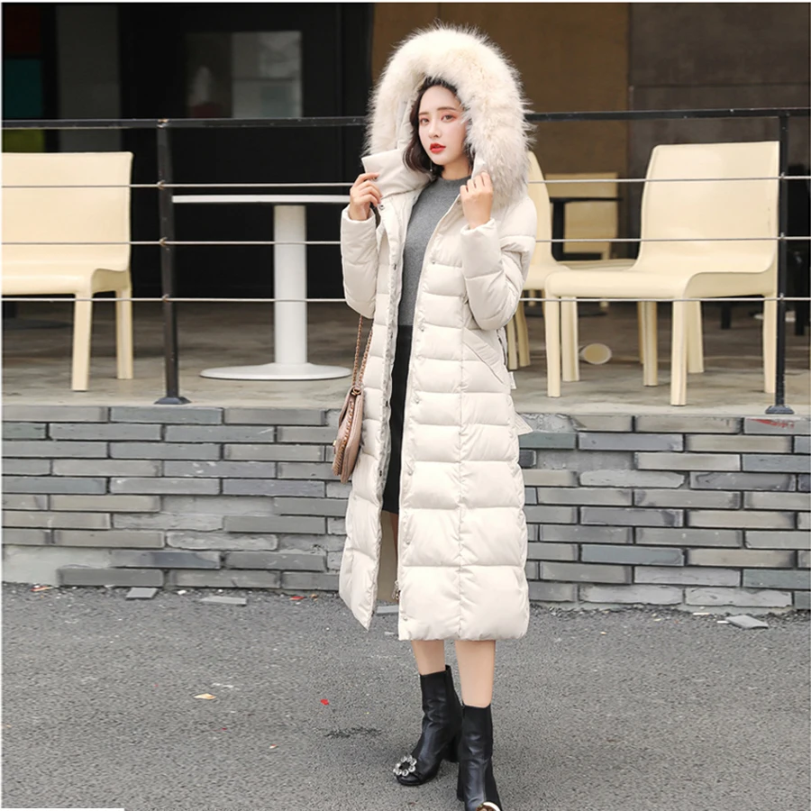 Women Long Thick Down Coats Warm Solid Color Fur Collar Waist Slim Womens Down Coat Zipper Full Fashion Casual Female New Style
