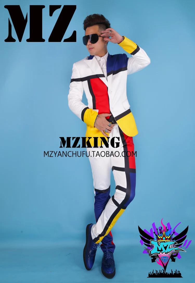 Мужской DJ певец bigbang Цуй шэнсяня топ-концерт с цвет красный, желтый и синий шить белый мужской костюм stage костюм
