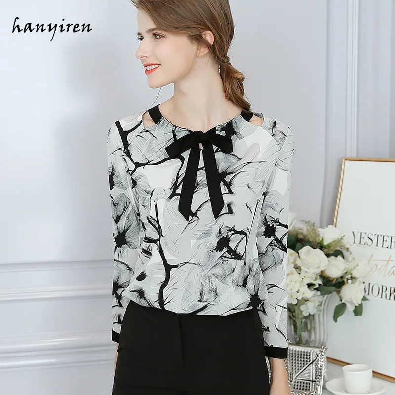 

Hanyiren Women Floral Print Chiffon Blouse Female Long Sleeve Slim Office Ladies Bow Tie Neck Shirts blusas femininas elegante