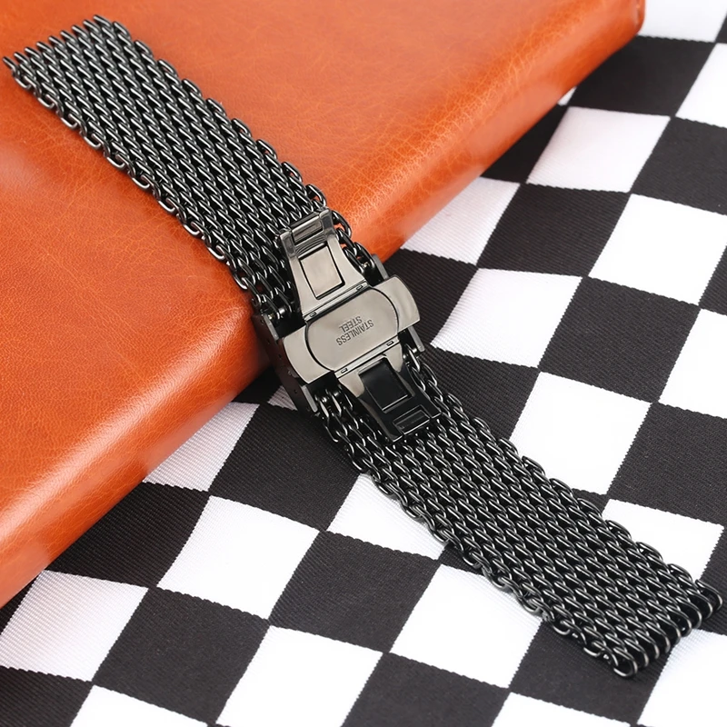 22 мм серебристый/черный сетчатый ремешок из нержавеющей стали для спортивных часов цельный Металлический Плетеный ремешок для наручных часов браслет