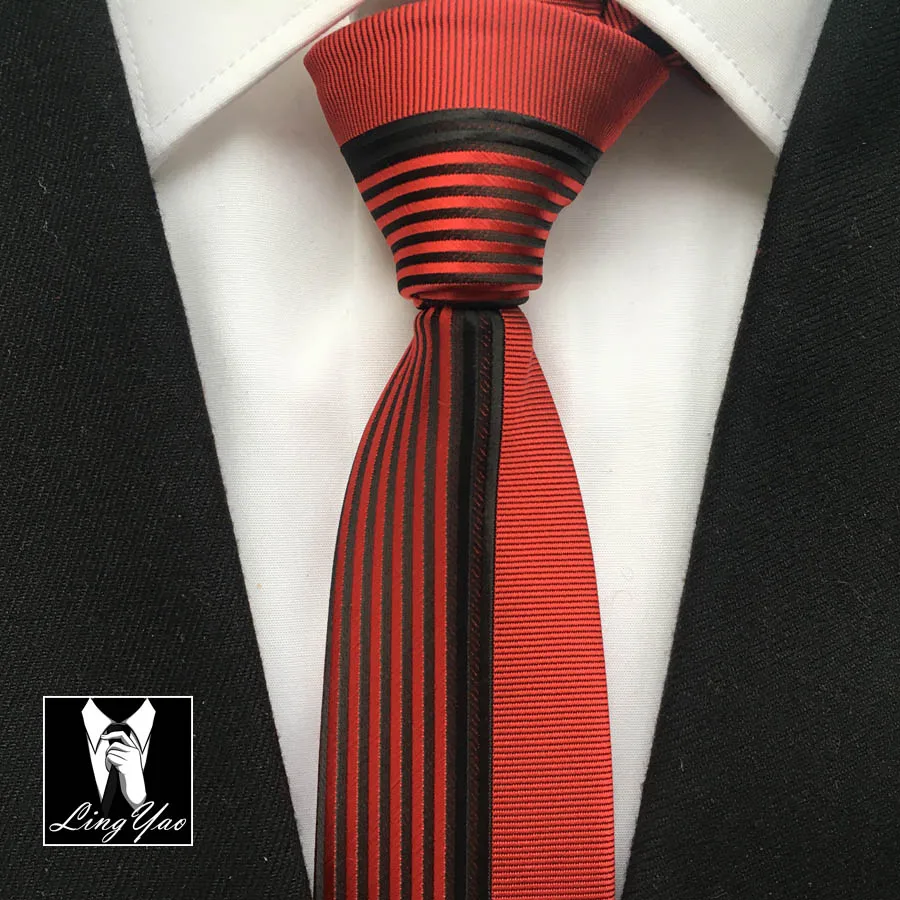 2016 NEW Luxury Mens Panel Tie Unique Patchwork Ties Half Solid Red wth Black Vertical Stripes