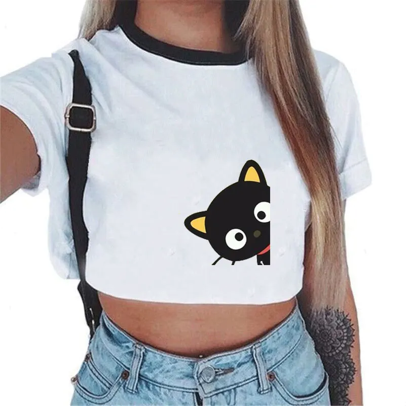 

2019 Summer INS Style Cute T Shirts Women Cartoon Cat Printed Short Sleeve Sexy Crop Top Women Harajuku Tumblr Korean Clothes