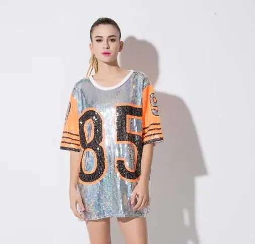 

Large Size Women 2018 Hip-Hop Style Stitching Sequins T Shirt Summer Casual Loose Robe Maxi T Shirt