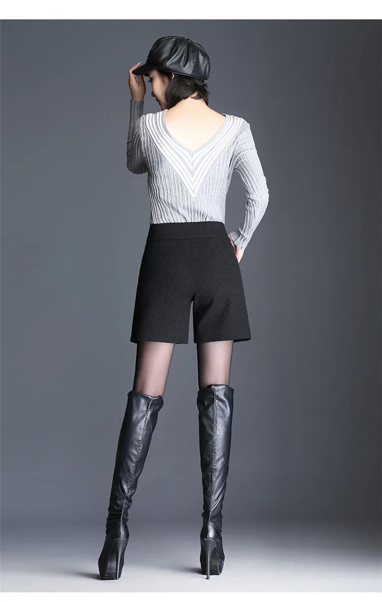 Повседневные однотонные женские шерстяные короткие штаны с широкими штанинами, прямые шерстяные короткие шорты с эластичным поясом, шорты размера плюс