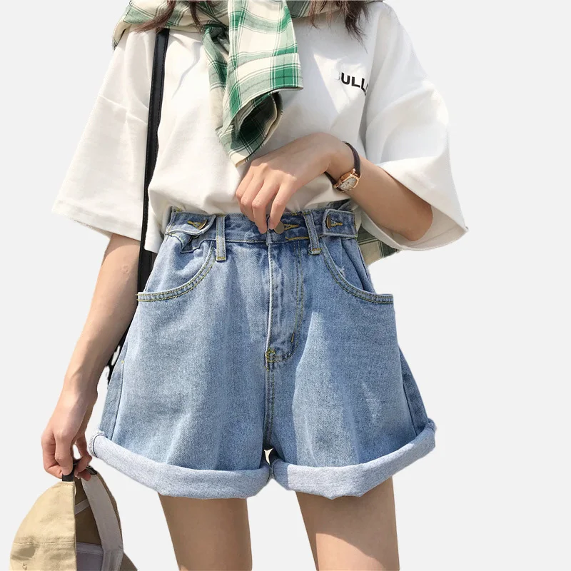 Джинсовые шорты с манжетами и широкими штанинами регулируемые шорты с высокой талией для женщин купить на AliExpress