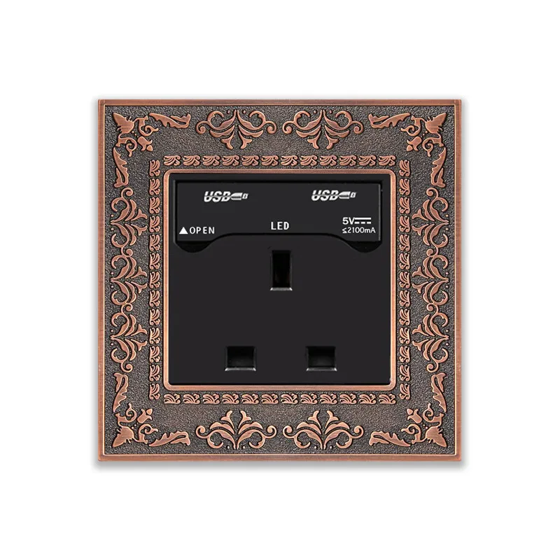 

UK Zinc alloy frame Emboss 13A Square 3 Pin/hole wall socket and Double USB wall outlet,With 5V USB port power Charger for Phone