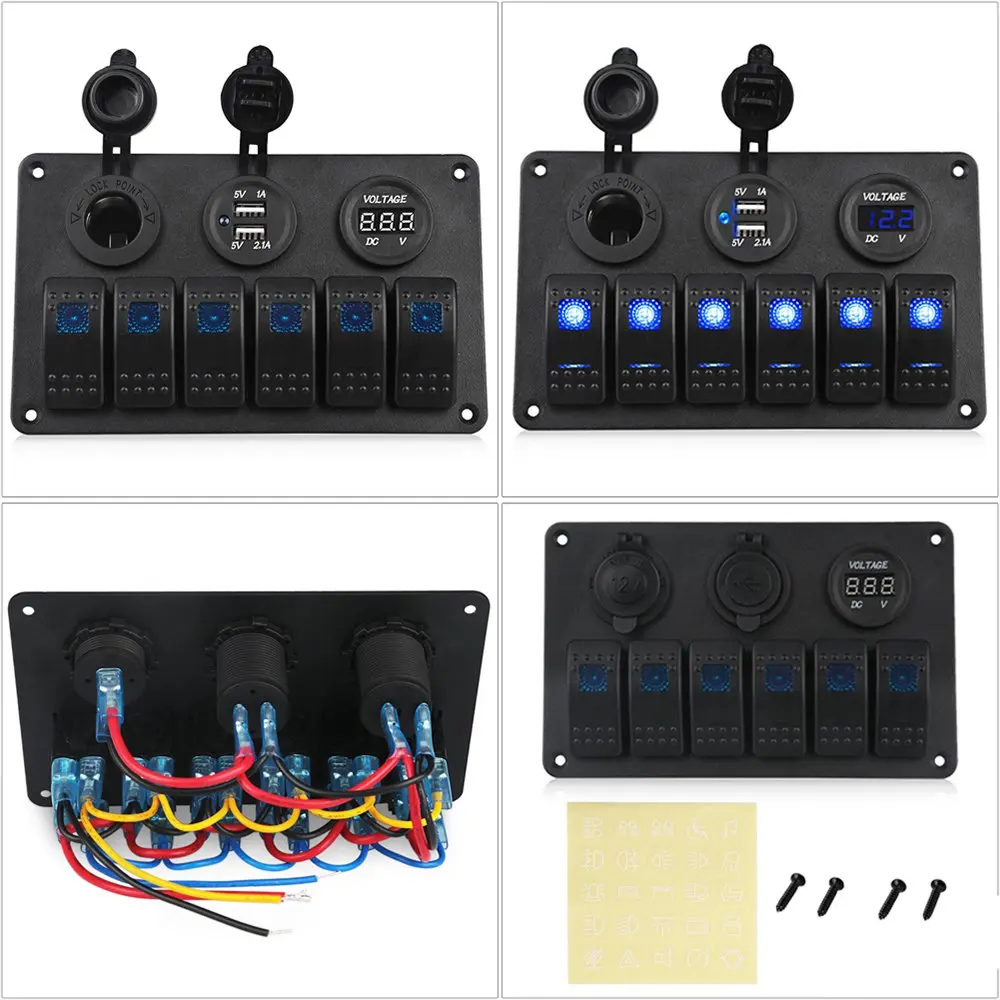 

6 Sets Blue LED Waterproof Switch Panel + Cigarette Lighter + Dual USB Charging Stand + Red Voltmeter