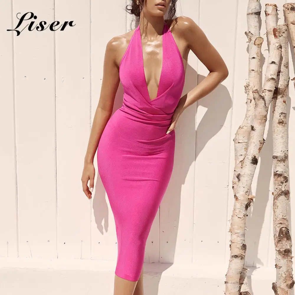 

Liser 2019 New Spring Women Dress Halter Neck Bandage Dress Sexy Bodycon Elegant Club Celebrity Party Fuchsia Dresses Vestidos