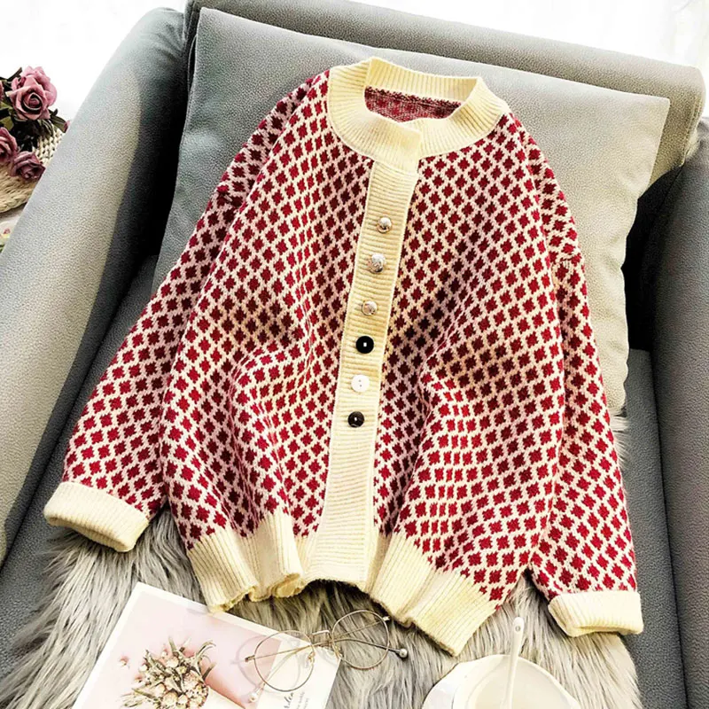 2019 Spring Knit Cardigan O-neck Single-breasted Plaid Sweater Women Loose Jacket Long sleeve Knitwear Female G184 |