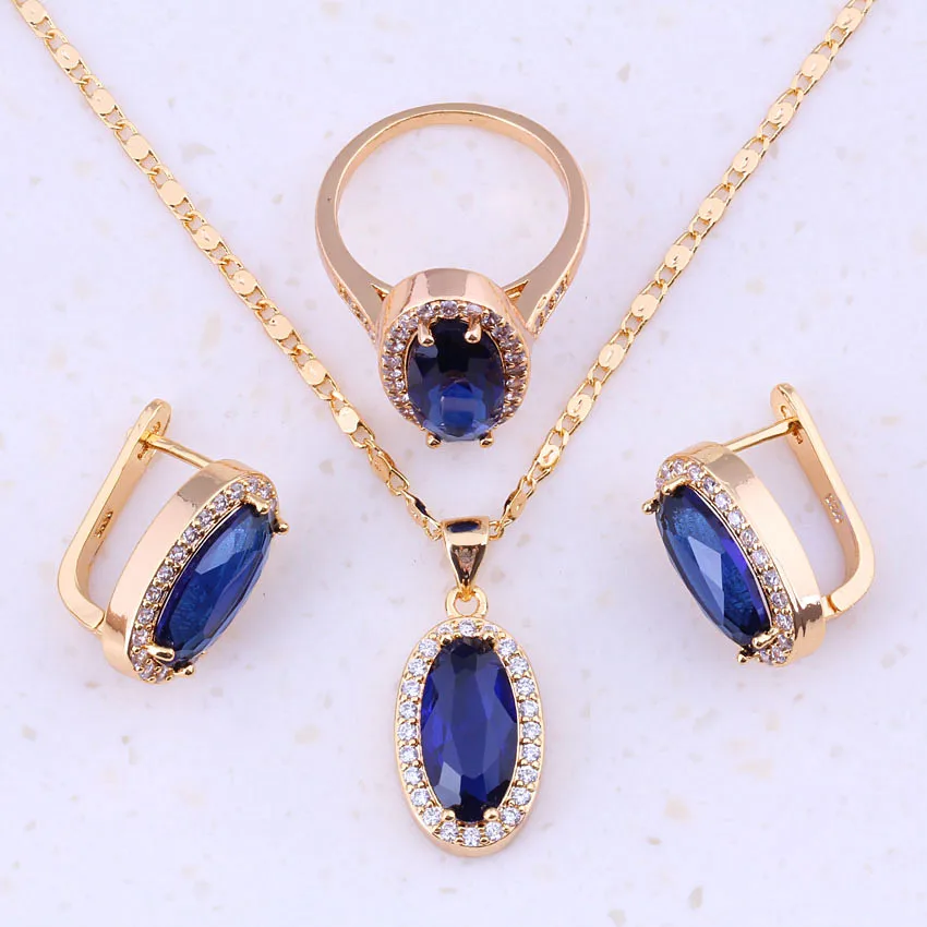 

Glamorous Blue Crystal & Cubic Zircon Yellow Gold Color Jewelry Sets For Women Trendy Fashion Jewelry E0001