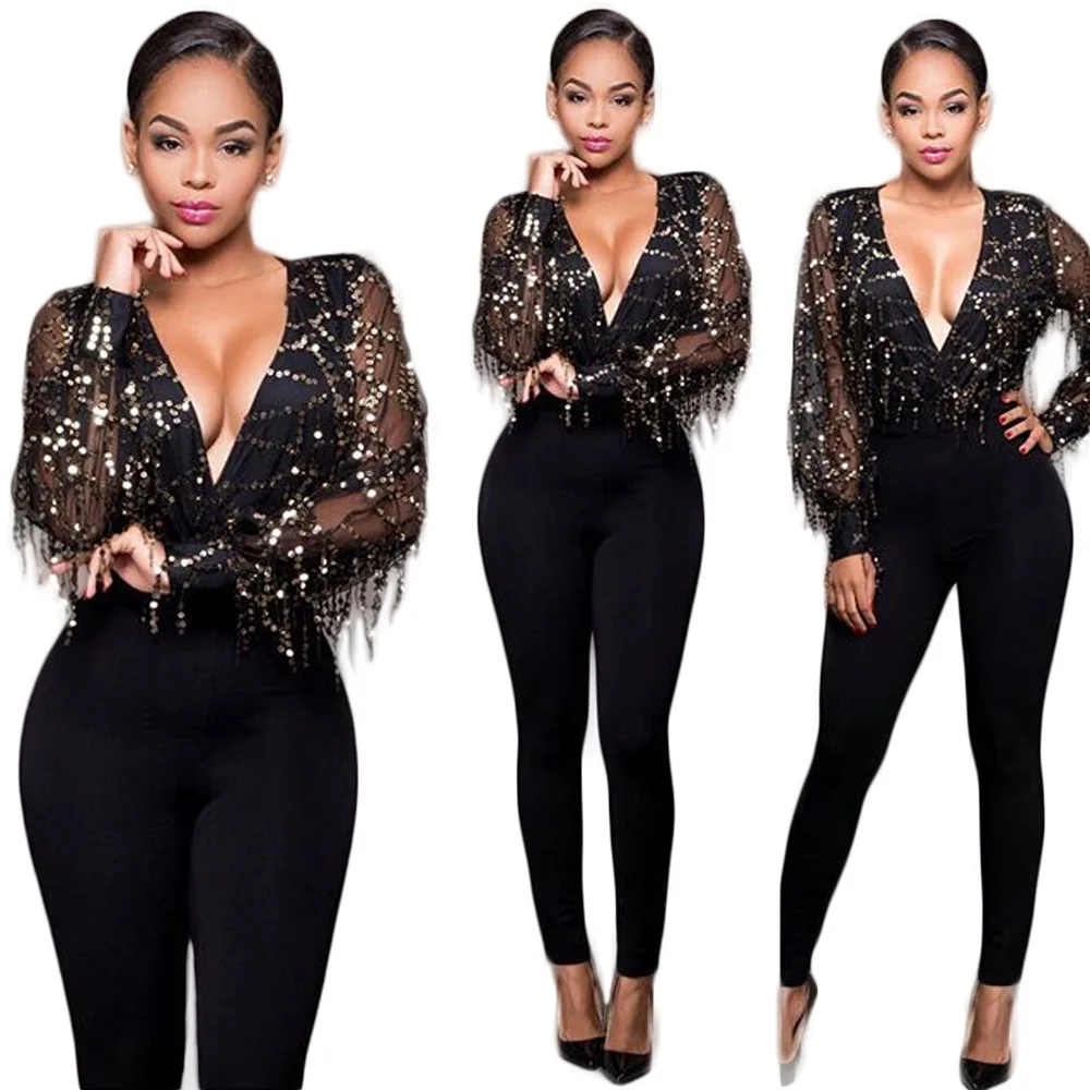 black tassel sequin jumpsuit