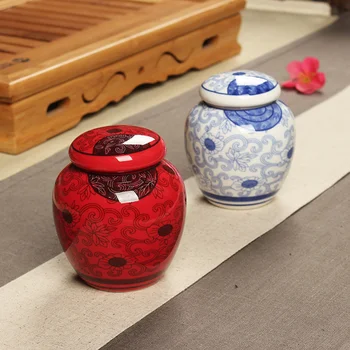 

Tea packaging box ceramic tea caddy 220ml sealed cans blue red glaze flower small tea