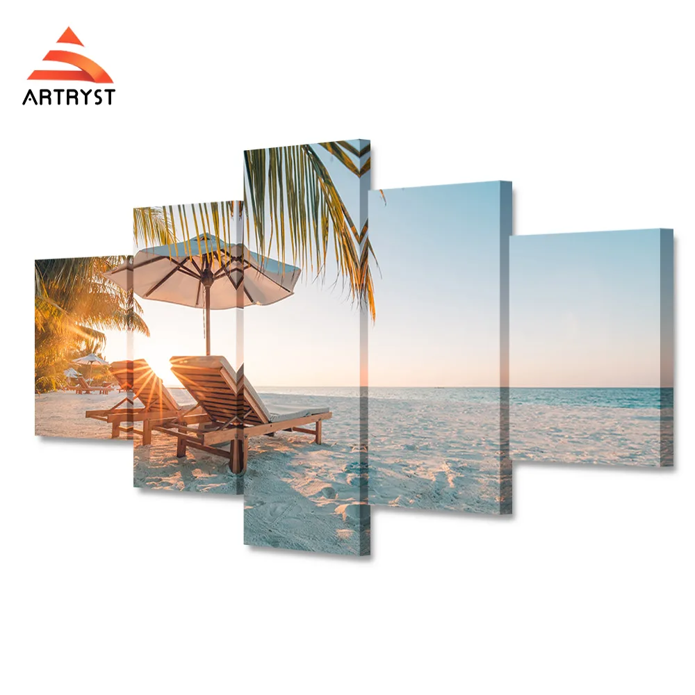 Artryst 5 pcs Home Decor Sunset Beach Cool Chair Sea View Poster HD Printing On The Canvas Wall Art Picture for the living room | Дом и сад