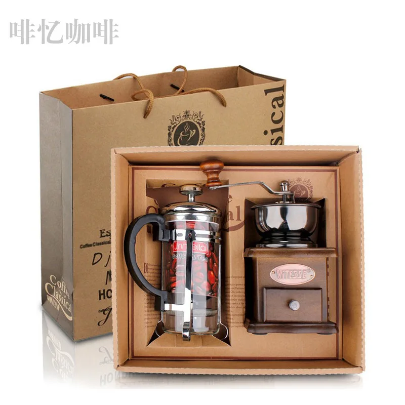 Manual Coffee Maker Set with Wooden Coffee Bean Grinder and French