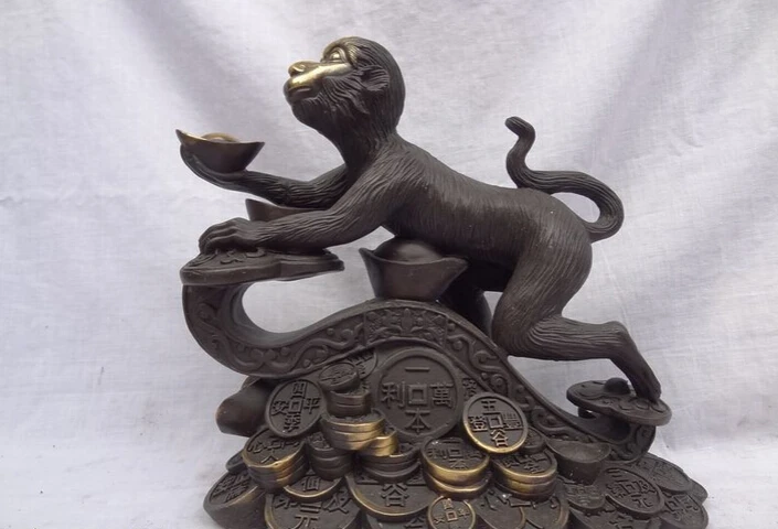 

USPS to USA S1358 10" Chinese Year Zodiac Pure Bronze Wealth YuanBao Monkey Statue On Coin RuYi B0401