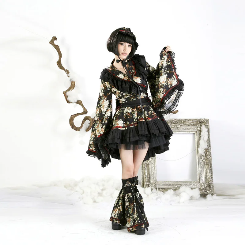 

Japan Style Women's Dress Edo Time Cute Kimono Dresses Six-Pieces Sets Lovely Fashion Lace Puff Dresses With Head Wear Foot Band