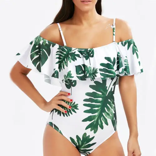 Cheap Women Push-up One-Piece Suits Bra Bandage Printing Ruffles Bikini Swimsuit Swimwear Bathing Suit