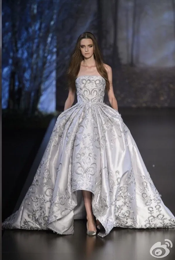 

Limited Edition Strapless Short Front Long Back Embroidery Evening Dress