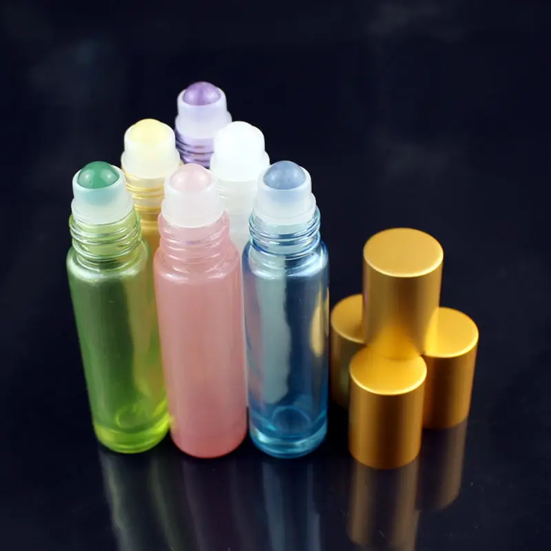 

1PC 10ml Colorful Glass Essential Oil Bottle with Natural Gemstone Roller Ball Empty Refillable Perfume Bottles Liquid Roll On