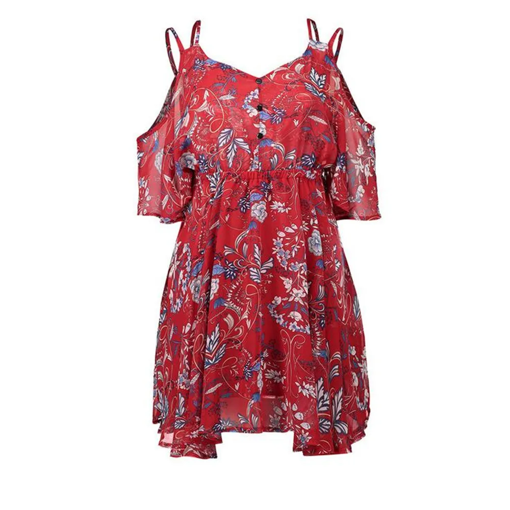 Casual Beach Dress Cold Shoulder ruffle print Summer dresses women High waist strap chiffon beach dress Boho party sexy dresses (14)