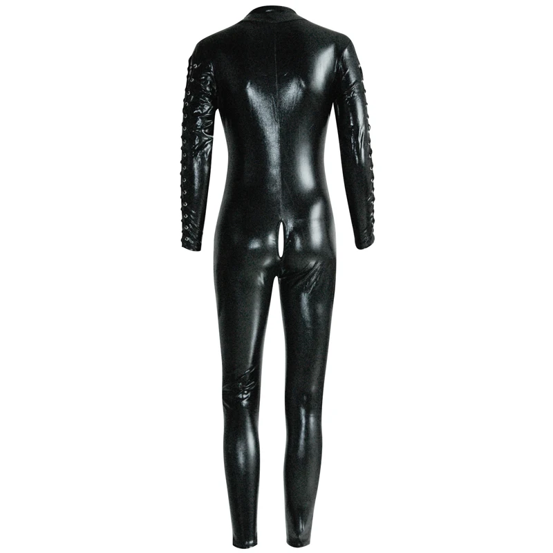 2016 Wholesale Cool Long Sleeve Open Hip Back To Crotch Zipper Rhinestone Belt Jumpsuit Costume Black Vinyl Leather Lingerie W7826 (5)