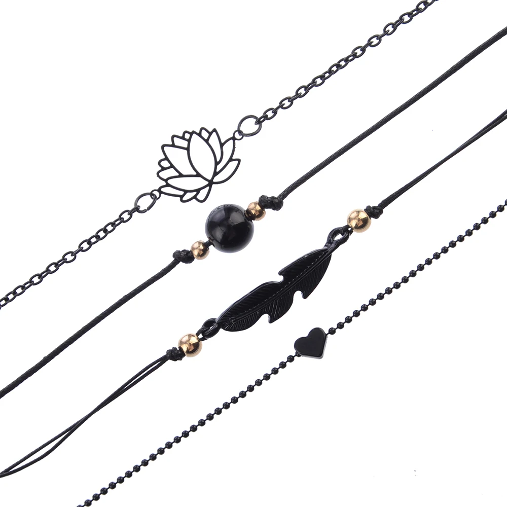 Sindlan, 4 шт., готический Набор браслетов с черным пером в виде лотоса, очаровательные браслеты в форме сердца, браслеты в стиле бохо для женщин, браслеты на запястье, браслеты на цепочке, модное ювелирное изделие