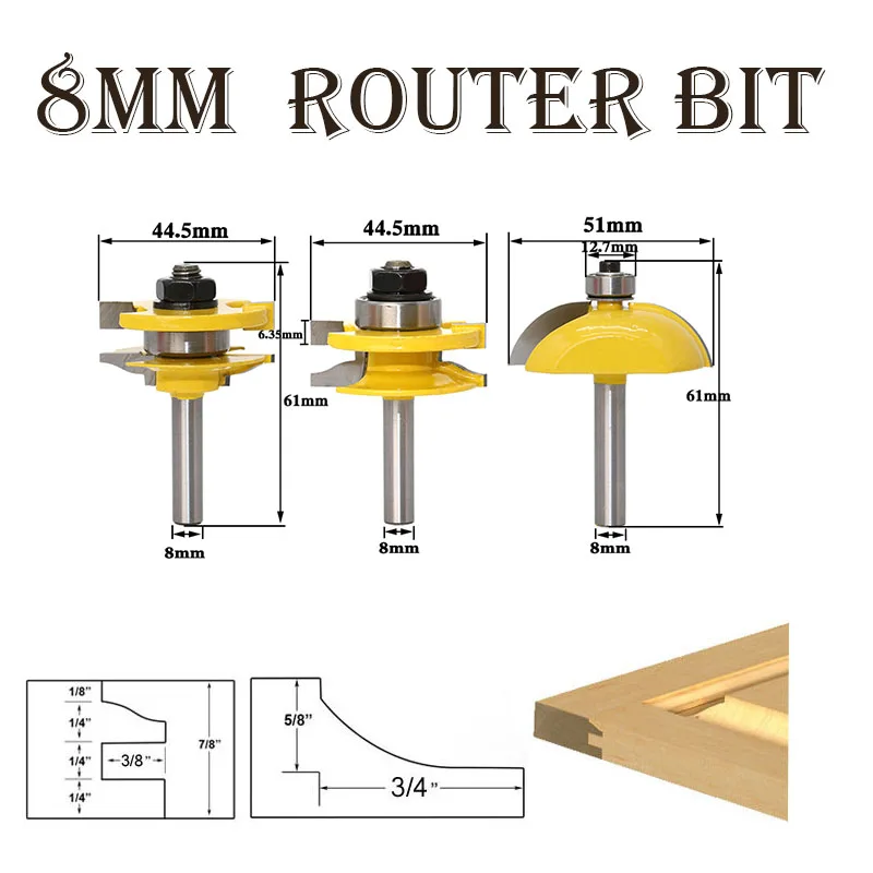 

3pcs/set Woodworking Engraving Raised Panel Cabinet Door Router Bit Groove Tongue 8mm Milling Cutter for wood tools 80911