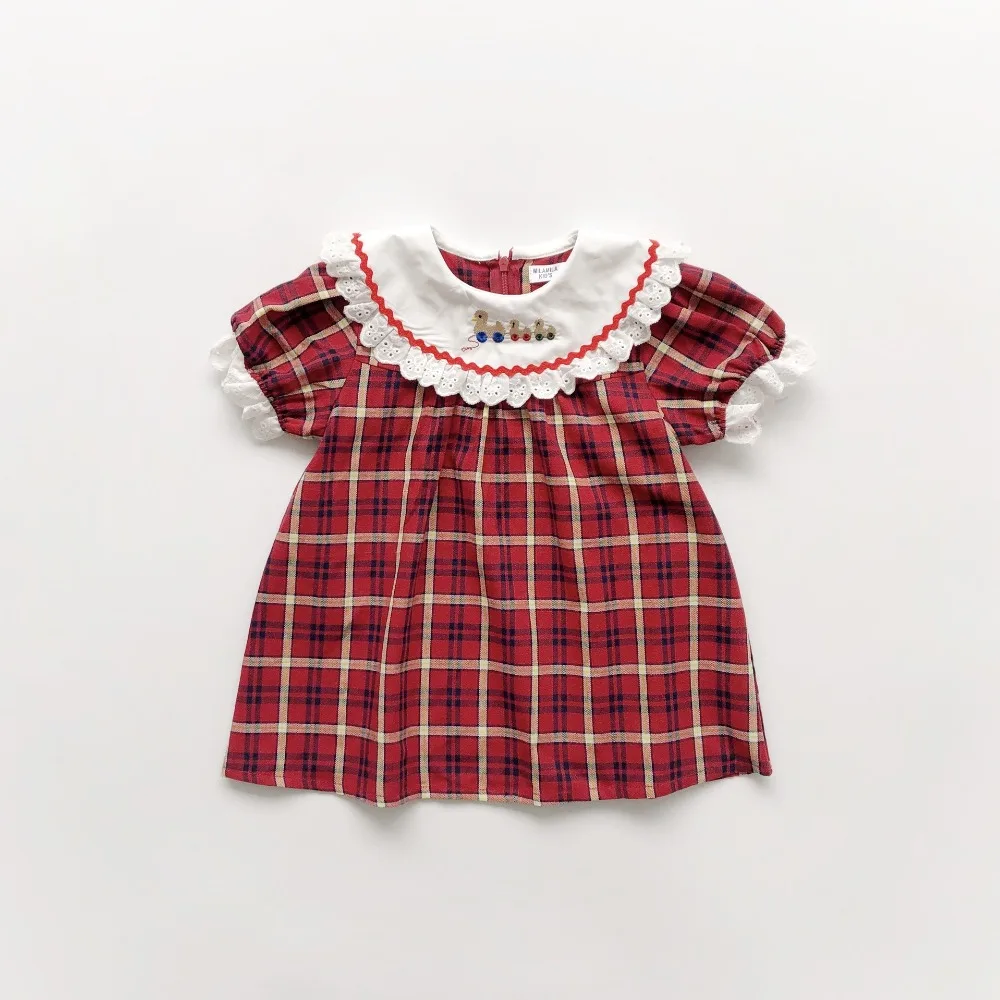 

casual dress for girls Rustic red plaid embroidered dress cotton soft baby girls dress