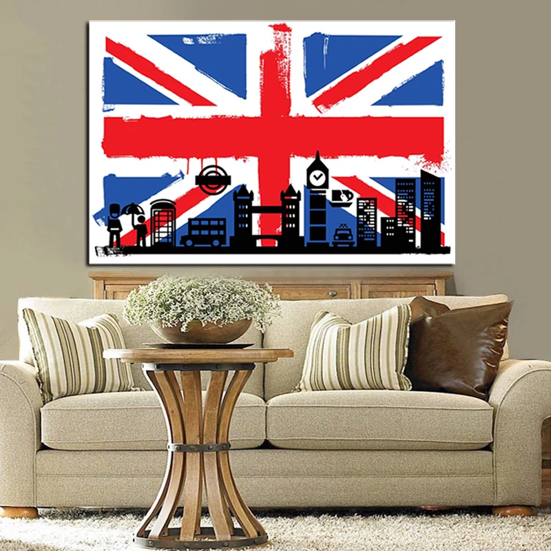 HD Print London Flag of British with Big Ben Abstract Oil Painting on Canvas Modern Wall Art Picture for Living Room Sofa Poster