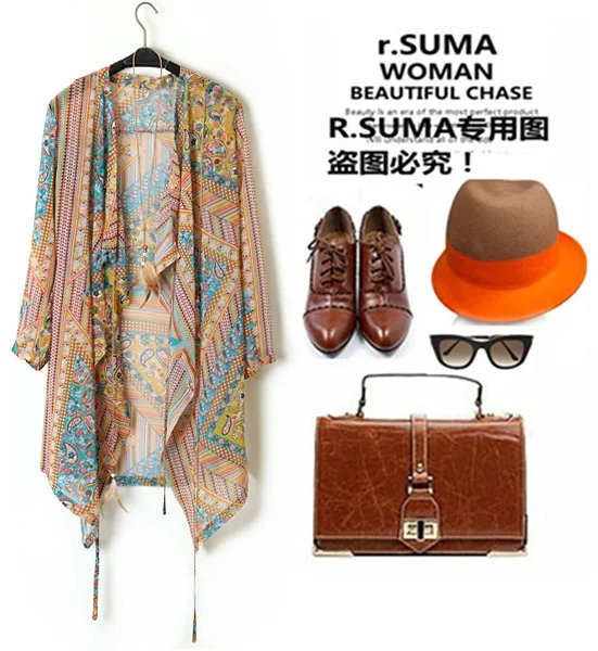 

New 2013 Summer Bohemian retro slim Imitation Silk chiffon print loose sun protection cardigan Free Shipping wholesale retail359