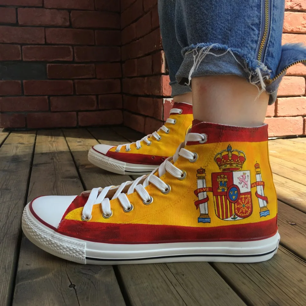 Вэнь ручная роспись парусиновая обувь дизайн пользовательские Испанский флаг Мужские Женские высокие парусиновые кроссовки на платформе плимсоллы спортивные кроссовки