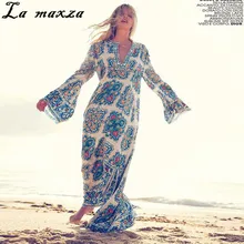 Повседневное летнее пляжное богемное Платье с принтом, свободное платье с v-образным вырезом, модное дизайнерское длинное платье