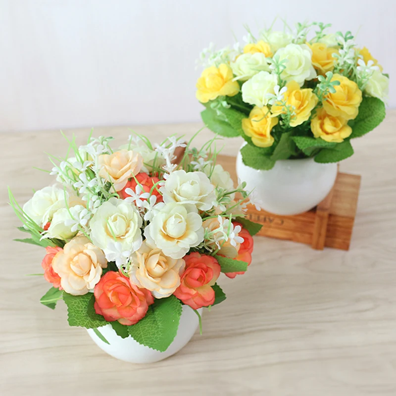 JAROWN Artificial Flowers Rose Quality Ceramics Vase +Silk Flowers Artificial Flower Set Home Decoration Home Flowers Decoration (67)
