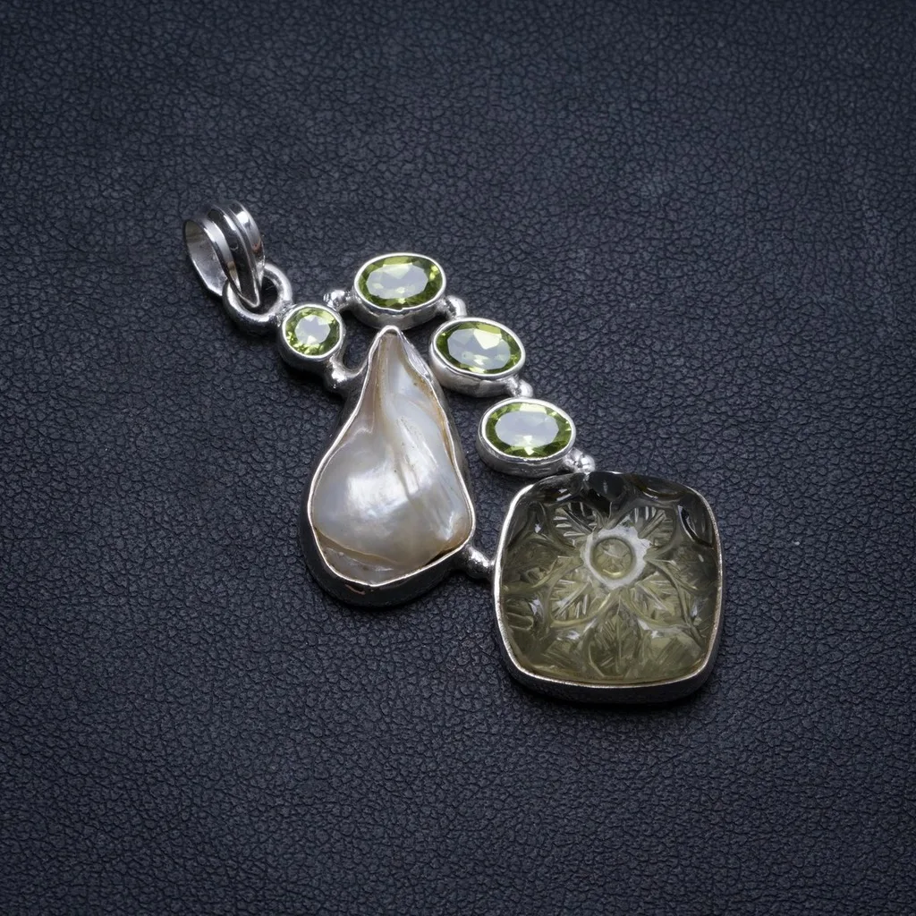 

Natural Carved Face Citrine,Biwa Pearl and Peridot Handmade Unique 925 Sterling Silver Pendant 2" X1361