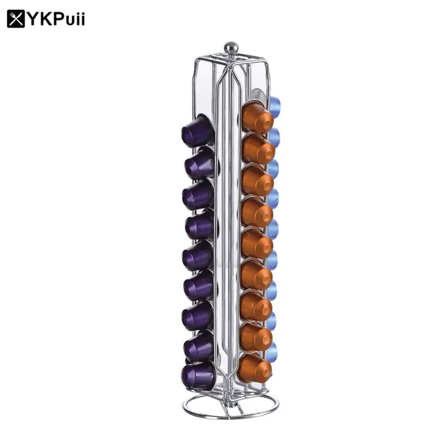 Best Price YKPuii 40 Pod Portable Iron Plating Coffee Capsule Holder Rotary Storage Stand Chrome Tower Mount Rack Coffee Shelves