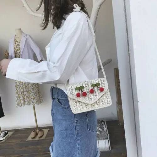 Women Boho Exotic Floral Straw Beach Messenger Bag Weave Cloth Handbag Tote Bag Ladies Hand-woven bag Smart Wallet