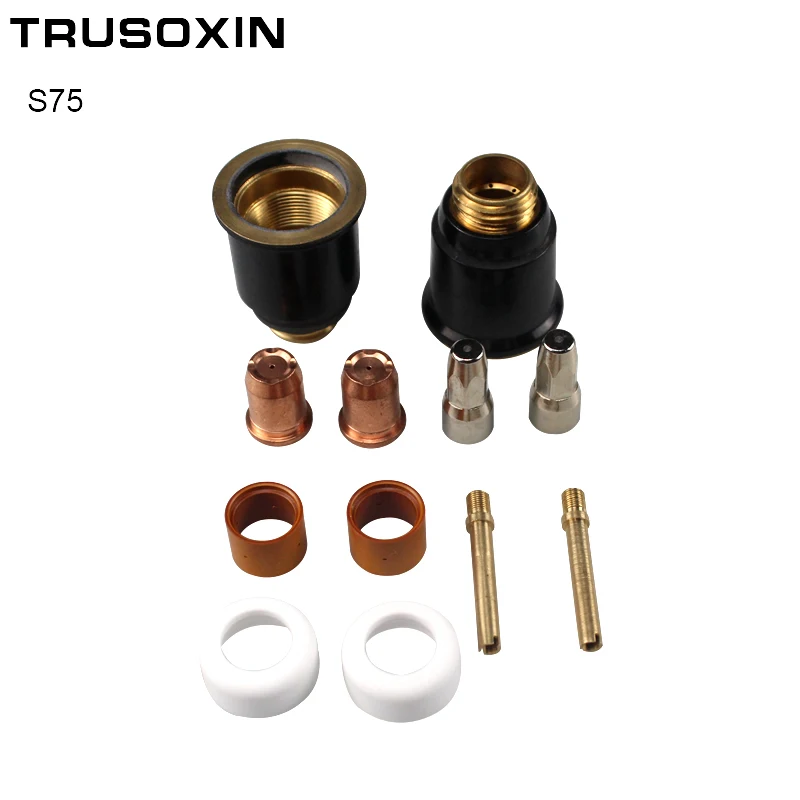 S75 Plasma Cutting Torch Accessories Kit Electrodes Tips Shield Caps Diffuser Cage Spacer Swirl Ring 70pcs cut80 lg80 80a inverter plasma cutter p80 cutting gun consumables or accessories shield cups electrodes tips