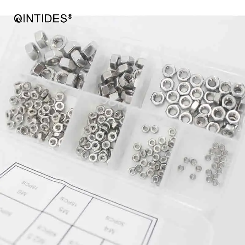 QINTIDES 200 шт./компл. M1.6 M2 M2.5 M3 M4 M5 M6 шестигранные гайки с метрическими резьбой 304 из