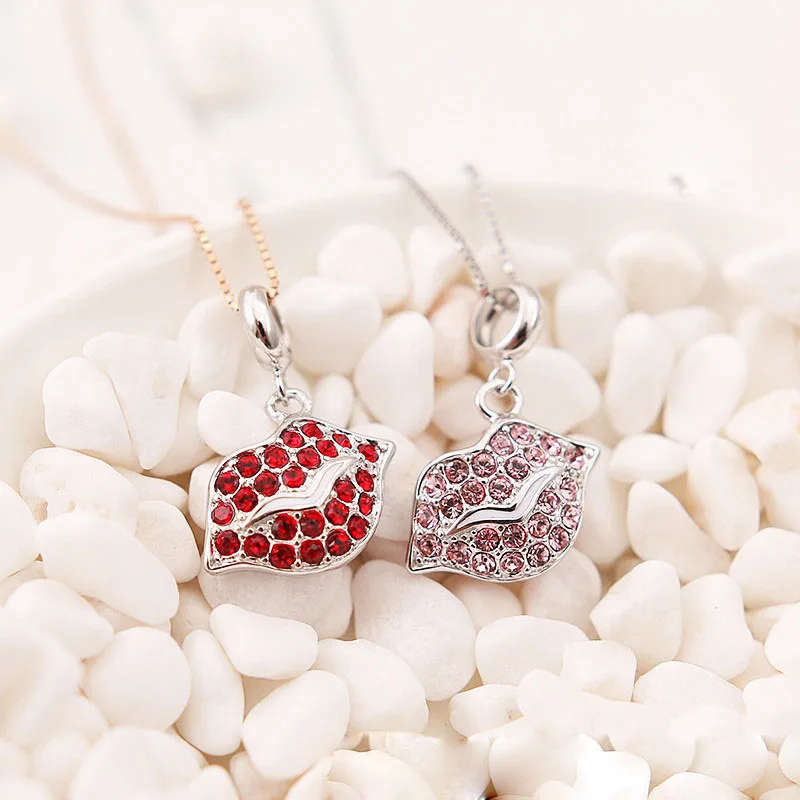 

Red/Pink Mini Enamel CZ Sexy Lip 925 Silver Pendant