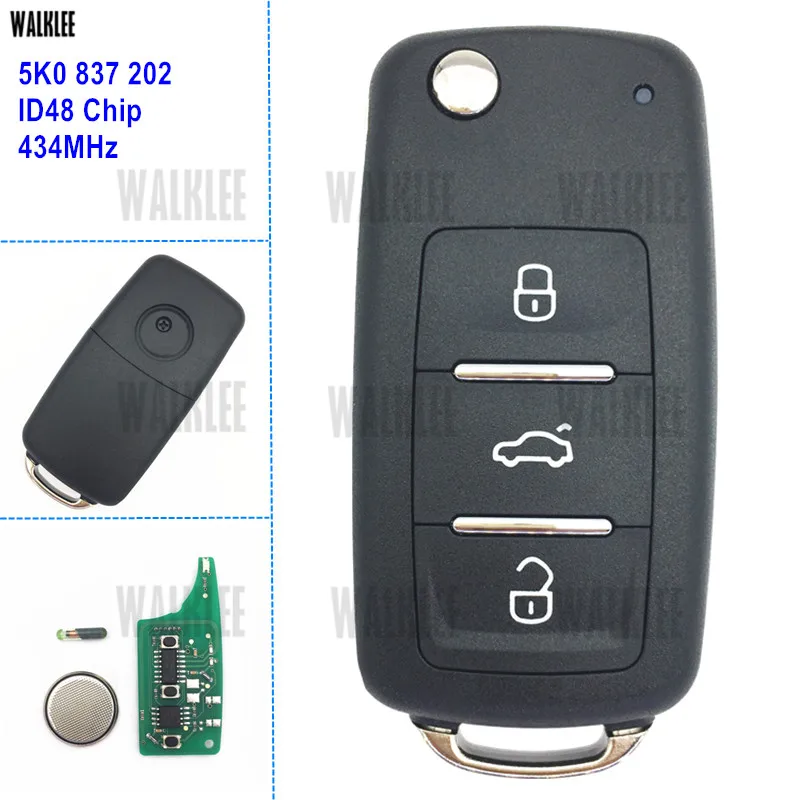 

DWALKLEE Remote Key 434MHz for VW/VOLKSWAGEN 5K0837202 5K0 837 202 Beetle Caddy Golf Jetta Polo Tiguan Touran ID48 Chip