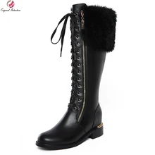 Оригинальное предназначение; элегантные женские сапоги до колена из коровьей кожи; сапоги на квадратном каблуке с круглым носком и перьями; женская обувь черного цвета; американские размеры 4-10