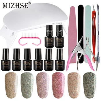 

MIZHSE UV Gel Polish Manicure Set 6W Curing Lamp Kit Soak Off Nail Gel Glitter Effect Nail Art Tools Kits 7ML Gel Polish Set