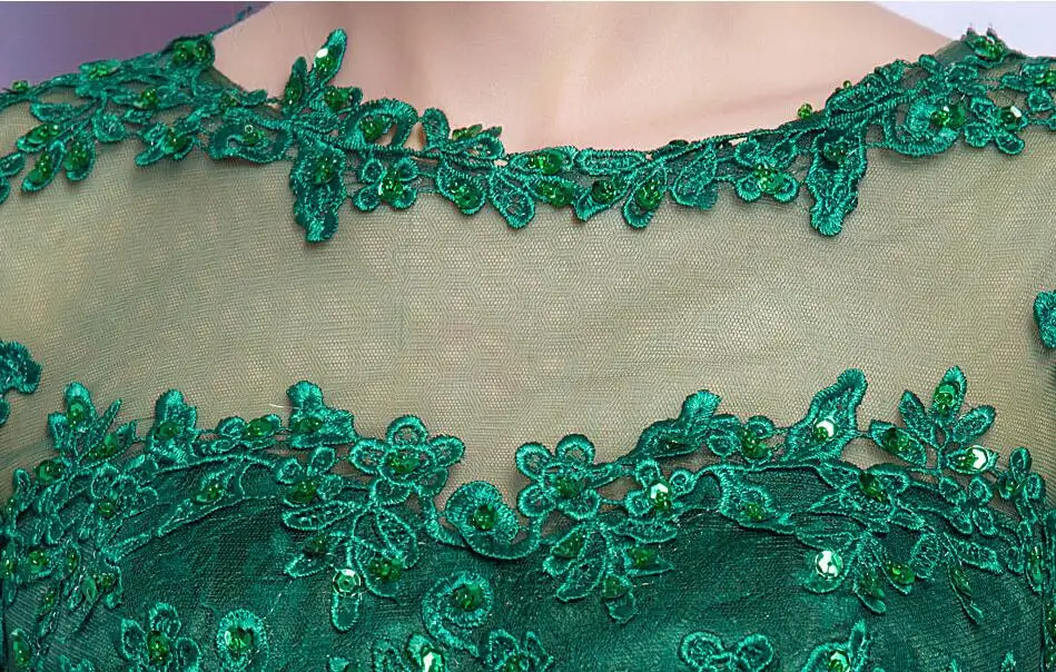 Реальное изображение Охотник зеленые женские вечерние платья кружева с бантом короткие рукава, украшенный бусами партии выпускного вечера Последняя мода вечернее платье дизайн