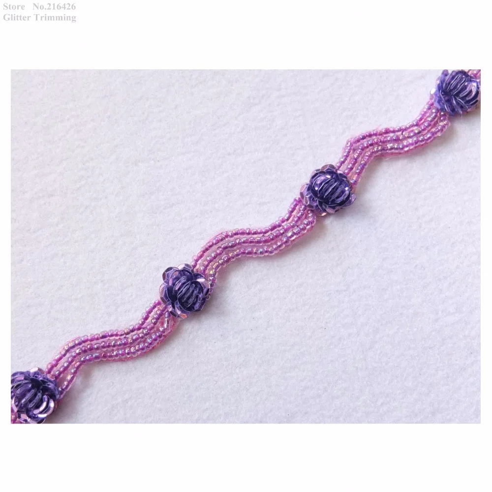 Free Shipping 1Yd x Purple Sequined Beaded Flower Lace Appliques Trims