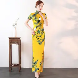 Плюс размеры 4XL 5XL Желтый Китайский Винтаж печатных леди Qipao Мода ручной работы Кнопка Cheongsam Новинка китайское торжественное платье
