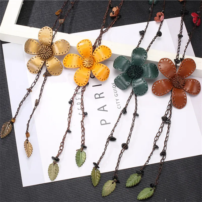 WNGMNGL-Beautiful-Women-Jewelry-Handmade-Genuine-Leather-Flower-Leaves-Pendant-Necklace-Long-Chain-Collares-Mujer-Bijoux