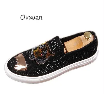 

Luxury Brand Flat Platform Casual Shoes Men Rhinestone Embroidered Tiger Sheet Metal Loafers Mens Sneakers Prom Dress Shoes Man