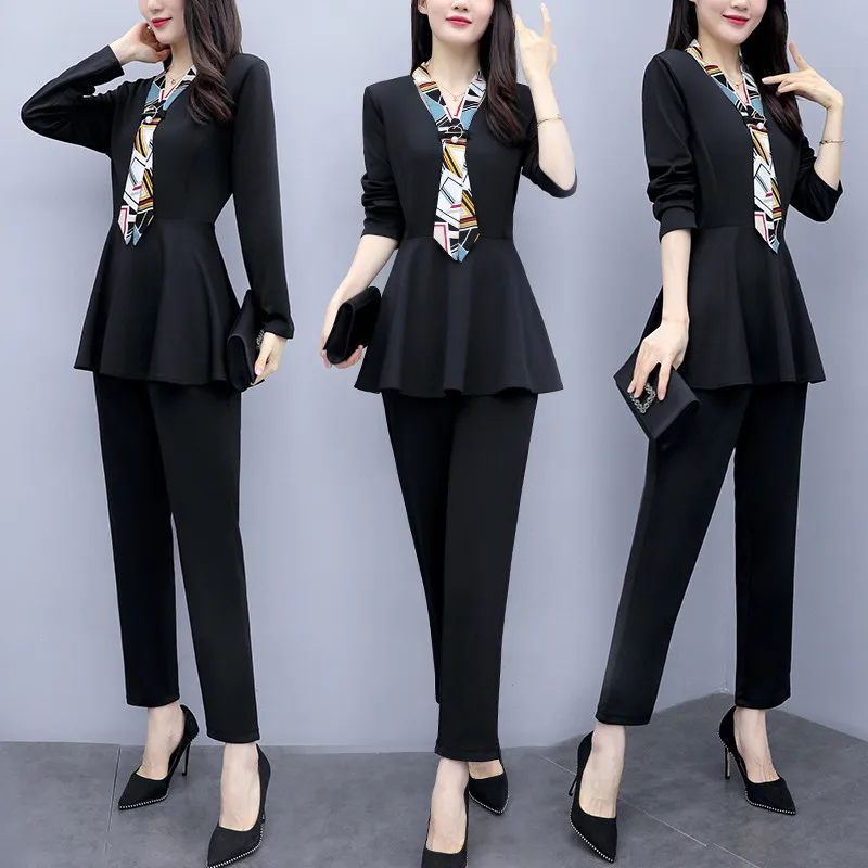 

L-5xl Black Autumn Two Piece Sets Outfits Women Plus Size Long Sleeve Tunics Tops And Pants Suits Elegant Office Ol Style Sets