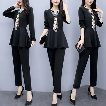 

L-5xl Black Autumn Two Piece Sets Outfits Women Plus Size Long Sleeve Tunics Tops And Pants Suits Elegant Office Ol Style Sets